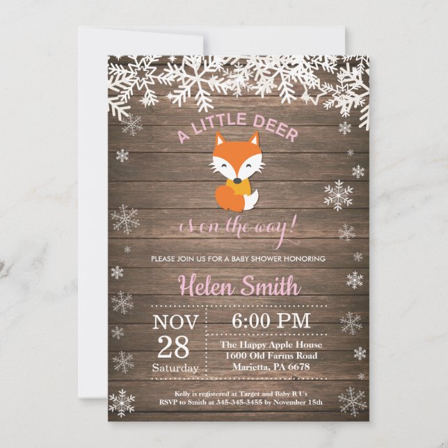 Rustic Fox Winter Girl Babydusche Einladung (Vorderseite)