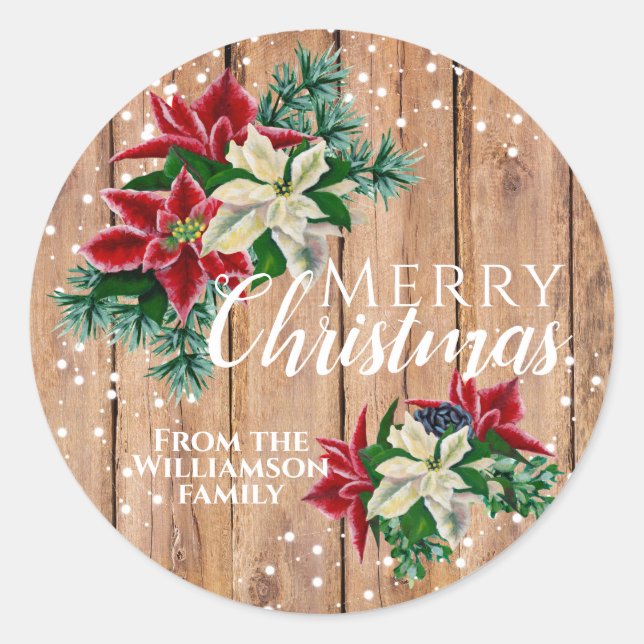 Rustic Frohe Christmas Poinsettia Floral Runder Aufkleber (Vorderseite)