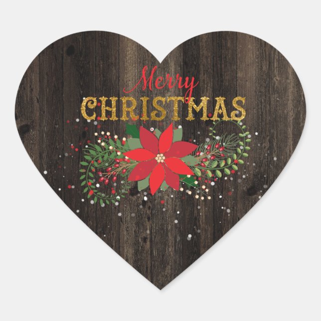 Rustic Frohe Weihnachten Englisch Wood Heart Herz-Aufkleber (Vorderseite)