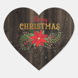 Rustic Frohe Weihnachten Englisch Wood Heart Herz-Aufkleber
