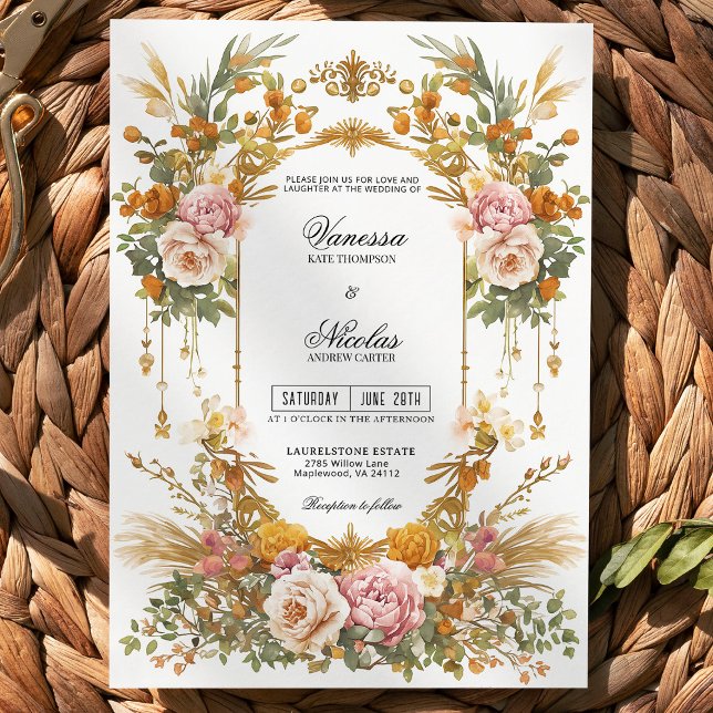 Rustic Garden Estate Blush Gold Floral Wedding  Einladung (Von Creator hochgeladen)