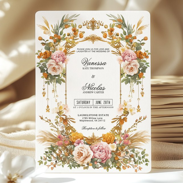 Rustic Garden Estate Blush Gold Floral Wedding  Einladung (Von Creator hochgeladen)