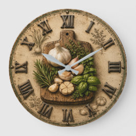 Rustic Garlic & Fresh Herbs Farmhouse Kitchen Große Wanduhr