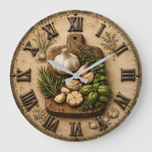 Rustic Garlic & Fresh Herbs Farmhouse Kitchen  Große Wanduhr (Vorderseite)