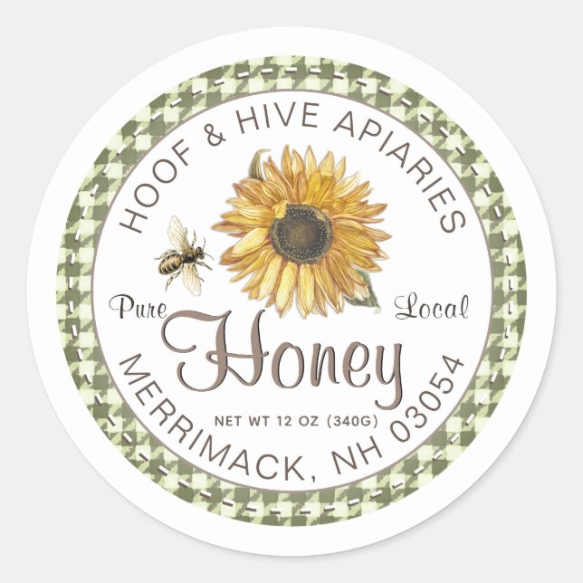 Rustic Gingham Border Sunflower Bee Honey Label Runder Aufkleber (Vorderseite)