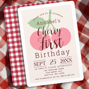 Rustic Gingham Cherry Erster Geburtstag Einladung