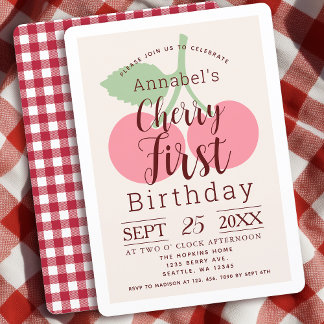 Rustic Gingham Cherry Erster Geburtstag Einladung