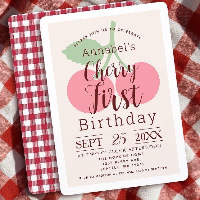 Rustic Gingham Cherry Erster Geburtstag Einladung (Von Creator hochgeladen)