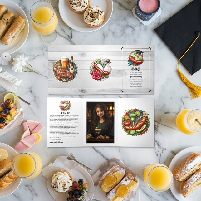 Rustic Gingham & Grill Theme GRILLEN Abschluss Dreifach Gefaltete Einladung (Rustic Gingham & Grill Theme BBQ Graduation Tri-Fold Invitation)