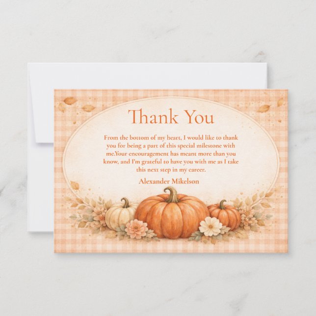 Rustic Gingham Pumpkin Fall Graduation Dankeskarte (Vorderseite)