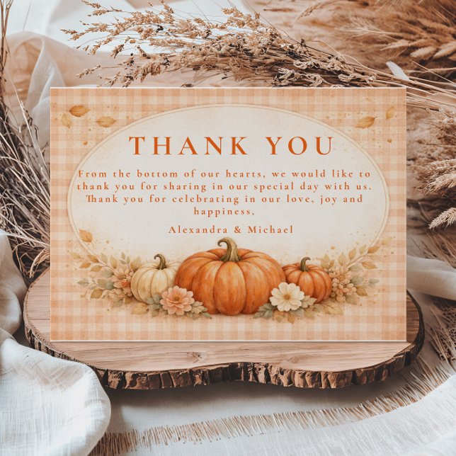 Rustic Gingham Pumpkin Fall Wedding Dankeskarte (Von Creator hochgeladen)
