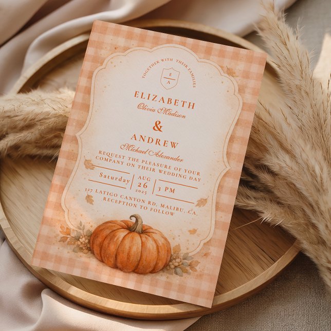 Rustic Gingham Pumpkin Fall Wedding Einladung (Von Creator hochgeladen)