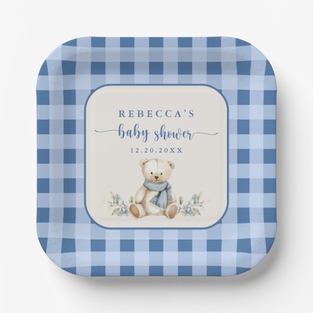 Rustic Gingham Teddy Bear Elegant Baby Shower Pappteller (Vorderseite)