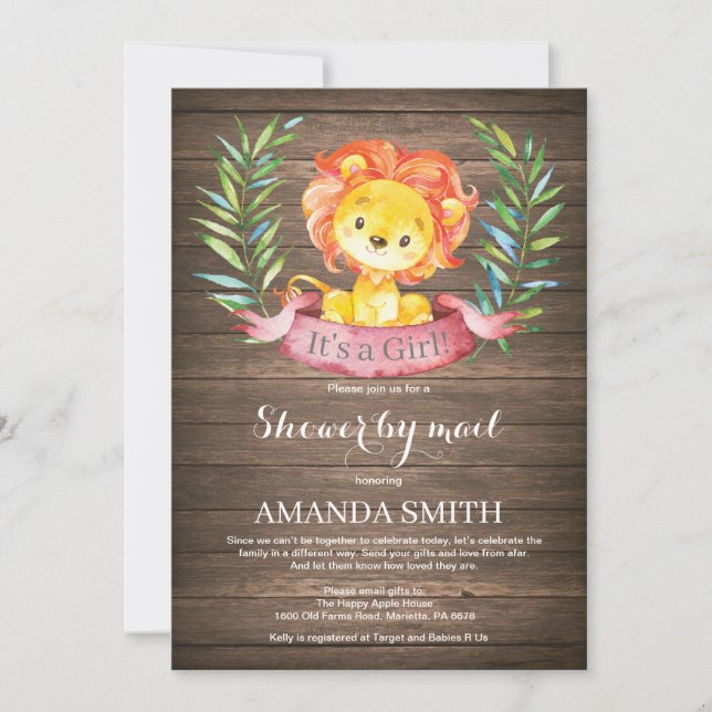 Rustic Girl Lion Baby Shower by Mail Einladung (Vorderseite)