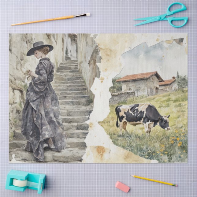 Rustic Girl on Stone Steps Cow Pasture Watercolor Seidenpapier (Basteln)