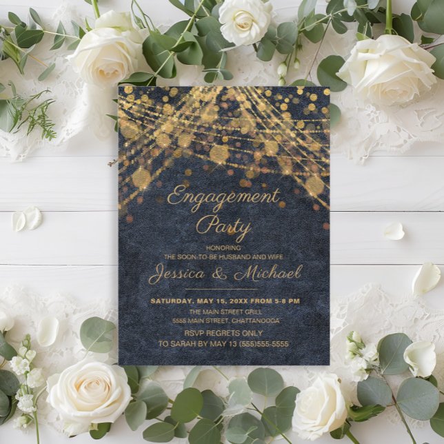 Rustic Glam Blue Gold String LIghts Verlobung Postkarte (Rustic navy blue Engagement party invitation with gold string lights.)