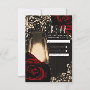 Rustic Glow Laterne & Dunkelrote Rosen Hochzeits-R RSVP Karte