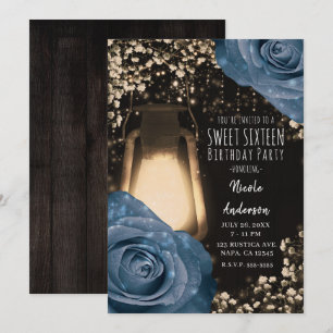 Rustic Glow Laterne Dusty Blue Rosen Sweet 16 Einladung