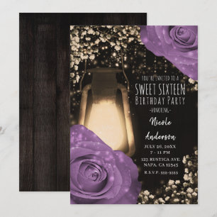 Rustic Glow Laterne Flieder Lila Rosen Sweet 16 Einladung
