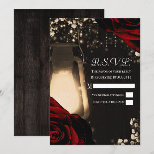 Rustic Glow Laterne und dunkelrote Rosen Hochzeits Einladung