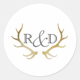 Rustic Gold Antler | Elegante erste Hochzeit Runder Aufkleber
