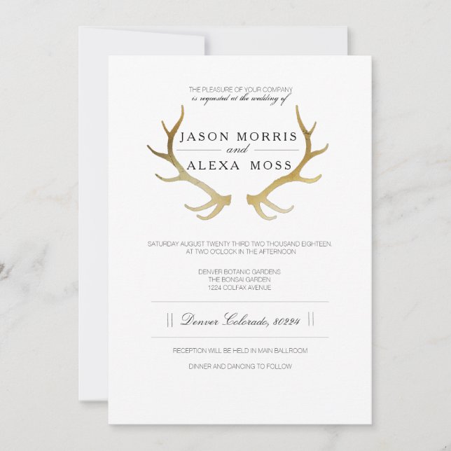 Rustic Gold Antler | Elegante Hochzeit Einladung (Vorderseite)