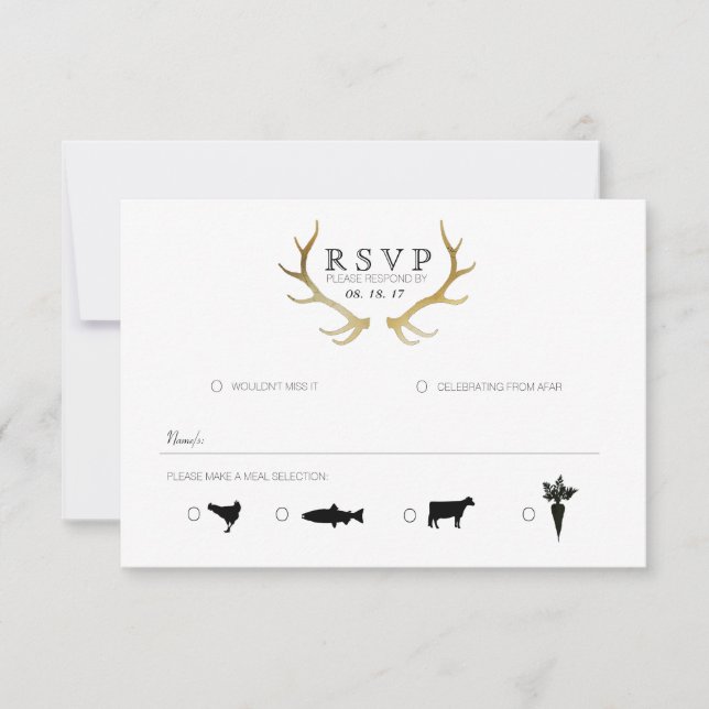 Rustic Gold Antler | Eleganter UAWG RSVP Karte (Vorderseite)