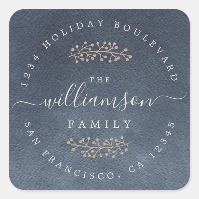 Rustic Gold Berries Sprig Dark Blue Christmas Quadratischer Aufkleber (Vorderseite)