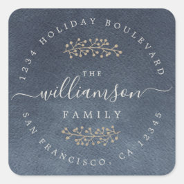 Rustic Gold Berries Sprig Dark Blue Christmas Quadratischer Aufkleber