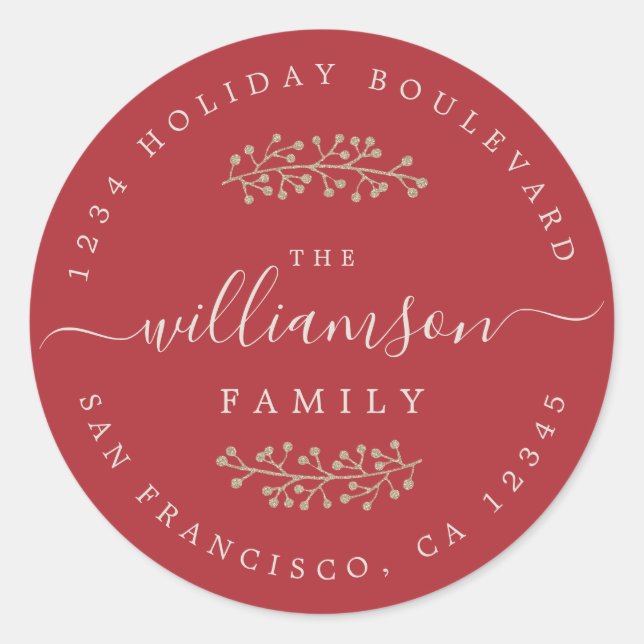 Rustic Gold Berries Sprig Red Christmas Runder Aufkleber (Vorderseite)