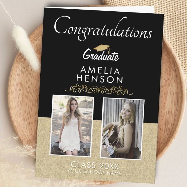 Rustic Gold Black 2022 Graduate 2 Foto Abschluss Karte (Von Creator hochgeladen)