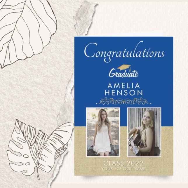 Rustic Gold Blue 2023 Graduate 2 Foto Abschluss Karte (Von Creator hochgeladen)