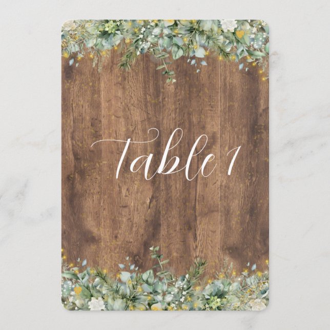 Rustic Gold Eucalyptus & White Floral Table Number Einladung (Vorderseite)