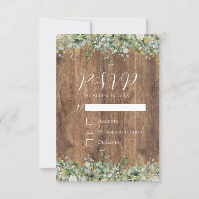 Rustic Gold Eucalyptus & White Floral Wedding RSVP Einladung (Vorderseite)