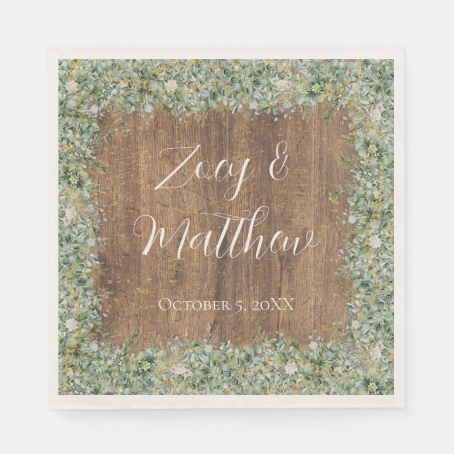 Rustic Gold Eucalyptus & White Floral Wedding Serviette (Vorderseite)