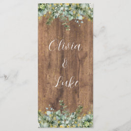 Rustic Gold Eucalyptus & White Floral Wood Wedding Menükarte