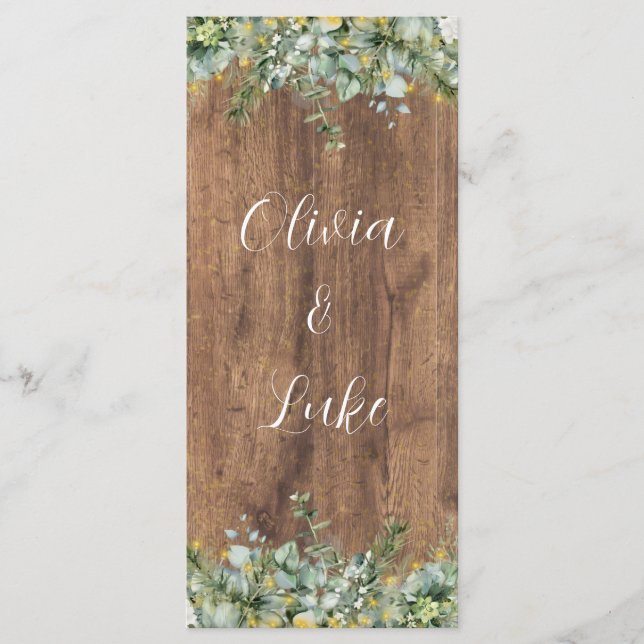 Rustic Gold Eucalyptus & White Floral Wood Wedding Menükarte (Vorderseite)