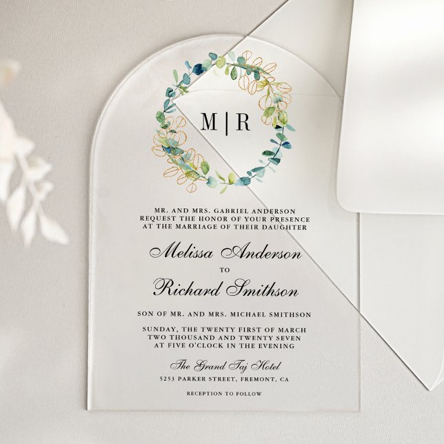 Rustic Gold Eucalyptus Wreath Wedding Acryleinladungen (Von Creator hochgeladen)