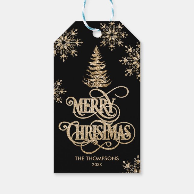 Rustic Gold Glitzer Weihnachtsbaum Frohe Weihnacht Geschenkanhänger (Vorderseite)