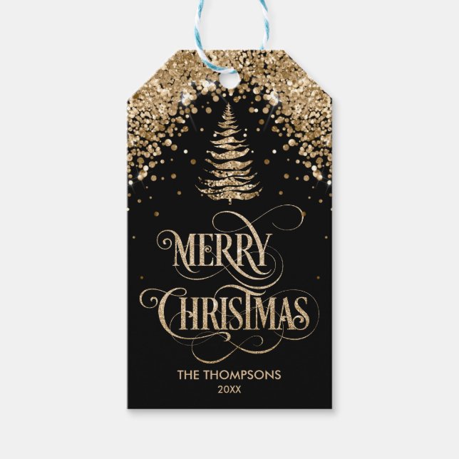 Rustic Gold Glitzer Weihnachtsbaum Frohe Weihnacht Geschenkanhänger (Vorderseite)