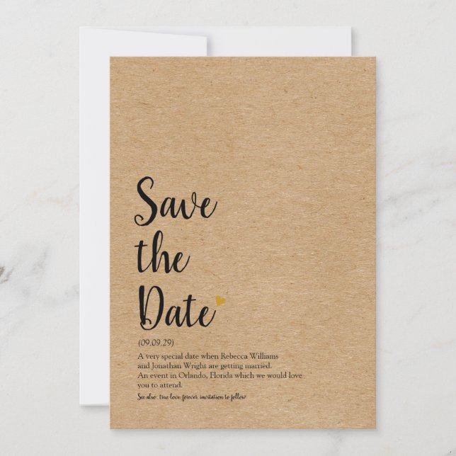 Rustic Gold Heart Save the Date Definition Einladung (Vorderseite)