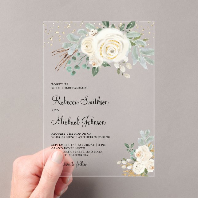 Rustic Gold Ivory Floral Wedding Acryleinladungen (Insitu (Handheld))