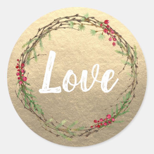 Rustic Gold Love Christmas Wreath Runder Aufkleber (Vorderseite)