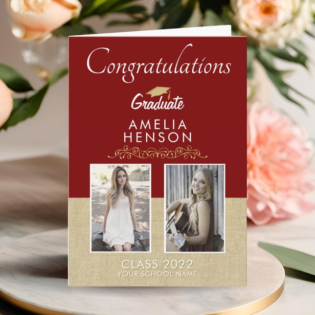 Rustic Gold Red Graduate 2 Foto Abschluss Karte (Von Creator hochgeladen)