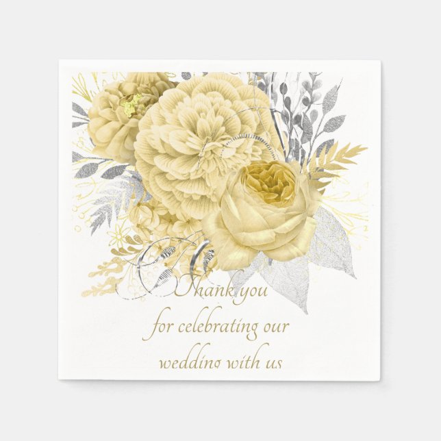 Rustic Gold Silver Floral Wedding Vielen Dank Serviette (Vorderseite)