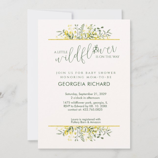 Rustic Golden Frame Wildflower on Way  Baby Shower Einladung (Vorderseite)