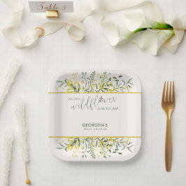 Rustic Golden Frame Wildflower on Way  Baby Shower Pappteller