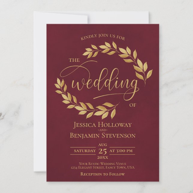 Rustic Golden Leaves Elegant Burgundy Wedding Einladung (Vorderseite)