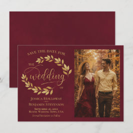 Rustic Golden Leaves on Burgundy Photo Wedding Save The Date
