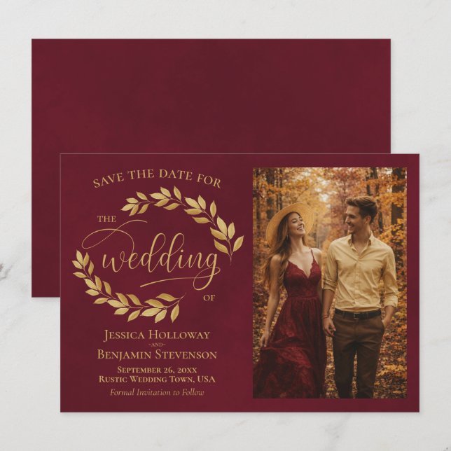 Rustic Golden Leaves on Burgundy Photo Wedding Save The Date (Vorne/Hinten)